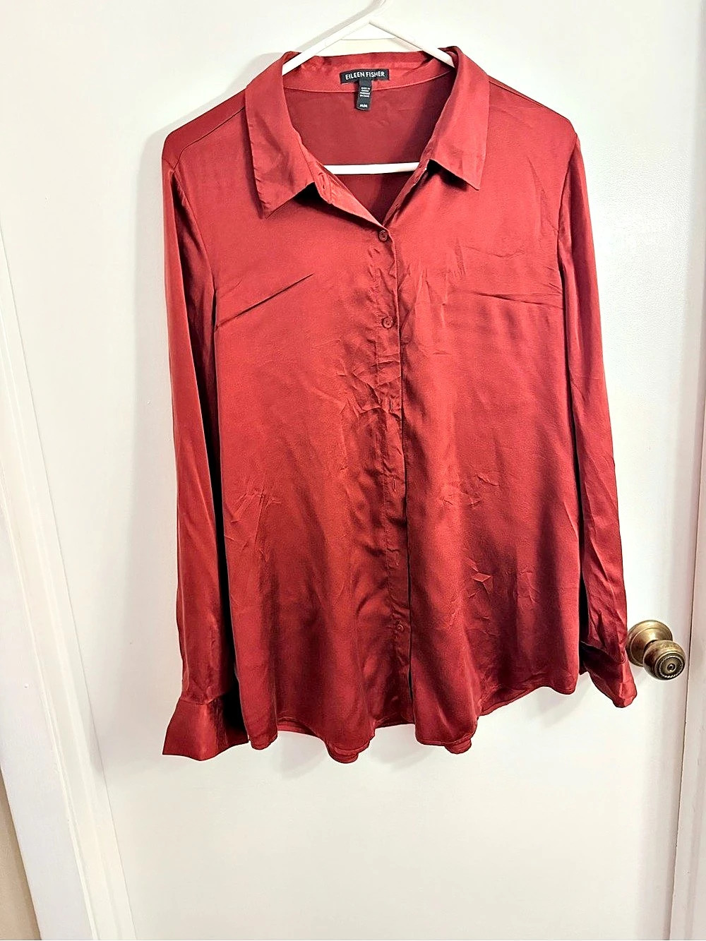 Eileen Fisher Silk Classic Collar Shirt Button Down Red Medium